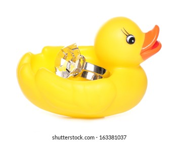 Yellow Rubber Duck Holding A Diamond Ring Studio Cutout