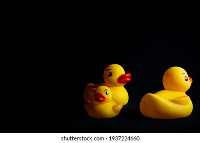 Yellow Rubber Ducks With Black Background.