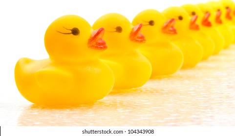 Yellow Rubber Ducks Lined Row Stock Photo (Edit Now) 104343908