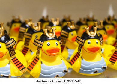 Yellow Rubber Ducks Samurai In British Museum Gift Shop.