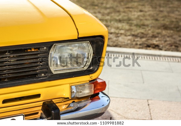 Yellow  russian car. Moskow. Russia. 14\
April 2018. Exhibition of retro cars at\
VDNH