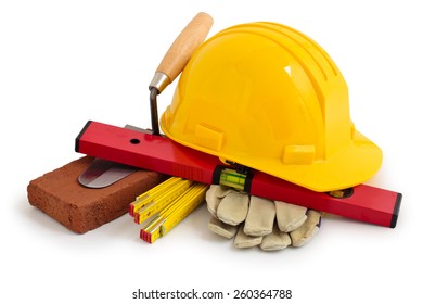 Yellow Safety Hard Hat And Construction Tools. Isolated On White Background.