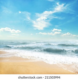  Yellow Sand Beach And Blue Sky And Sea