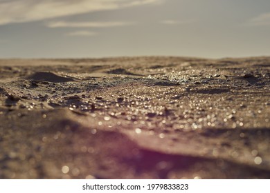 yellow sand shining in the sun, grey sky, landscape. High quality photo