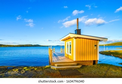 Yellow Sauna Cabin On Lake Outdoor