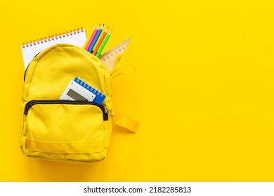 Yellow School Backpack. Back To School Concept. Top View