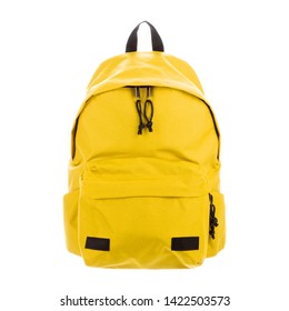 Yellow School Backpack Isolated On White Background. Travel Daypack With Zippered Compartment. Satchel Rucksack. Casual Canvas Backpack. Bag Front View With Shoulder Straps