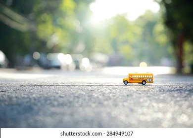 Yellow school bus toy model the road crossing.Shallow depth of field composition and  afternoon scene.
