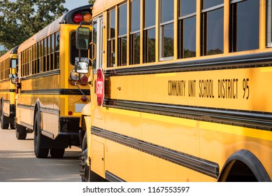 Yellow School Buses Lined Up In Front Of School