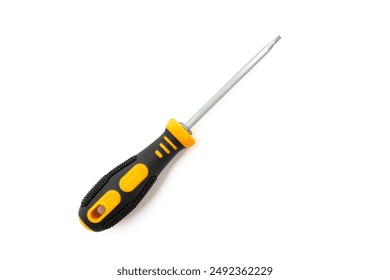 Yellow screwdriver isolated on white background, top view