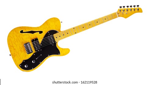 Yellow Semi-hollow Electric Guitar, Isolated On White