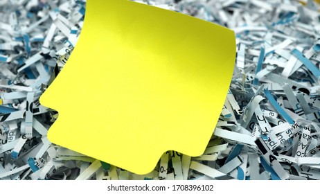 Yellow Sheet On Paper Scraps Of Shredded Documents Seen In Detail. Free Space To Insert Text In Post Production