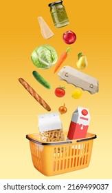 Yellow shopping basket with fresh food full of variety of grocery products, food and drink on yellow background. Supermarket food concept. Home delivery. Food ingredient float. Flying concept. - Shutterstock ID 2169499037