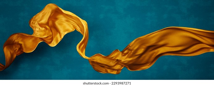 Yellow silk fabric floating in front of blue background wall. Flying satin scarf abstract shape. Luxury fashion aesthetic. - Shutterstock ID 2293987271