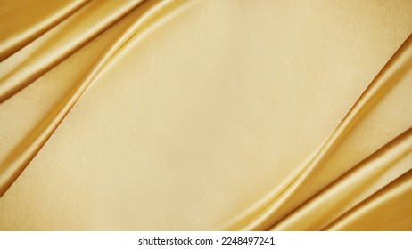 Yellow silk satin. Draped fabric. golden color. Luxury background. Space for design. Template. Flat lay, top view table.Web banner. Christmas,wedding,bridal,beauty, valentine, romance, award, reward. - Shutterstock ID 2248497241