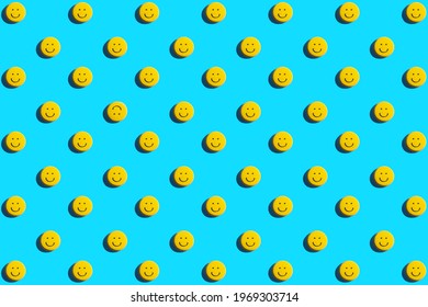 Yellow Smiley Face Cookie, Food, Flat Lay, Top View, Copy Space On Blue Background. Be Different.