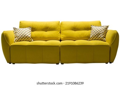 Yellow Sofa With Checkered Pillows Isolated. Upholstered Furniture For Living Room. Yellow Couch Isolated