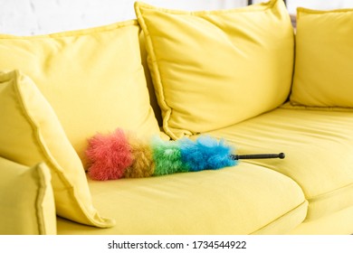 Yellow Sofa With Colorful Feather Duster In Living Room