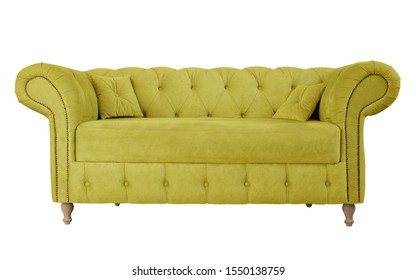 Yellow sofa on wooden legs on white background. Upholstered furniture for the living room. Ocher couch isolated