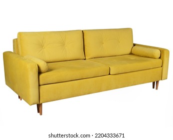 Yellow Sofa With Pillows On White Background. Upholstered Furniture For The Living Room. Yellow Couch Isolated. Side View