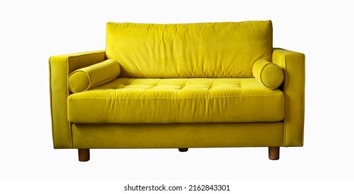 Yellow Sofa With Rollers On Wooden Legs Isolated On White. Yellow Couch Isolated