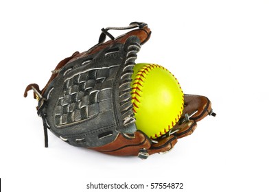 Yellow Softball And Glove Isolated On White.