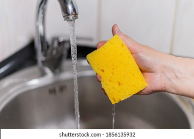 Yellow Sponge For Dishes Under Water In Girl Hand