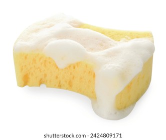 Yellow sponge with foam isolated on white