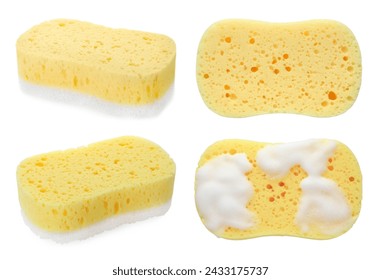 Yellow sponges isolated on white, top and side views