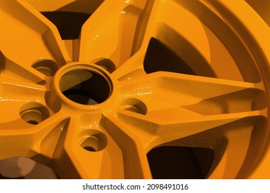 Yellow Sports Car Rim, Close Up Photo. Abstract Modern Car Design