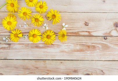 Yellow Spring Flowers Are Laid Out On A Wooden Background. Top View.
