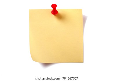 Yellow square sticky post note with pushpin  isolated on white