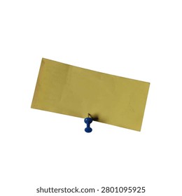 A yellow sticky note is affixed to a black background with a blue pushpin. The note is blank and rectangular.