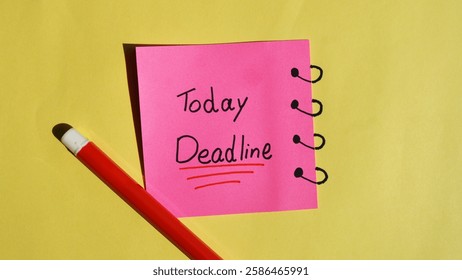 Yellow sticky note on date calendar with text written DEADLINE TODAY! concept of self warning to get job done ontime in very tight deadline to meet customers expectation