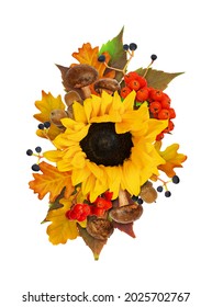 Yellow Sunflower, Aster Flowers And Orange Oak Leaves In A Fall Floral Arrangement Isolated On White