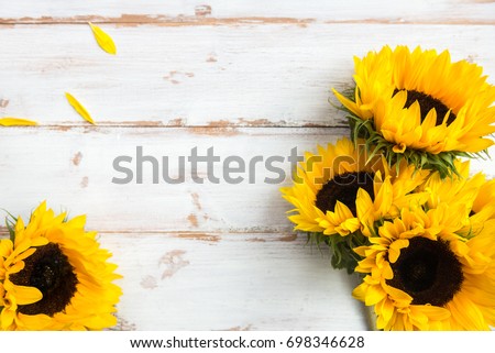 Yellow Sunflower Bouquet on White Rustic Background, Autumn Concept, Top View, Space for Text
