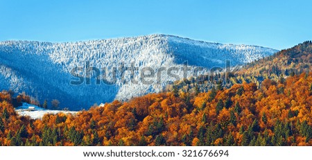 Similar – Image, Stock Photo Autumn mountain panorama. Sunny meadow and colorful forest