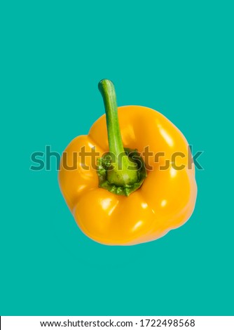 Yellow sweet pepper on an azure background. Top view.