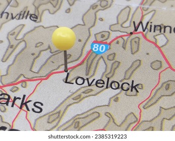Yellow tack on map of Lovelock, Nevada. This city is the county seat of Pershing County, NV.