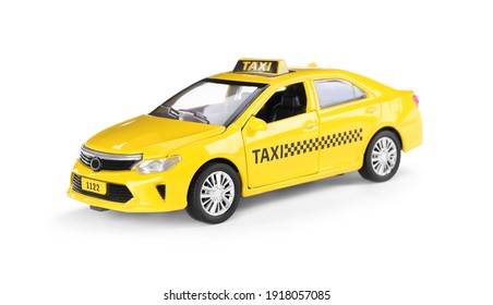 Yellow taxi car with roof sign on white background