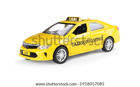 Yellow taxi car with roof sign on white background