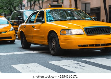 Yellow taxi driving through bustling city streets, representing fast-paced urban life and iconic transportation. Captured in motion, this image highlights the vibrant energy and essence of city living - Powered by Shutterstock