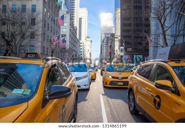 Yellow taxi in New York. New York, NY , USA - December\
25,2018 