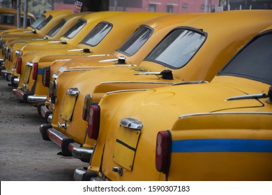 Yellow Taxis Closeup Back Side On Taxi Stand At Kolkata , India