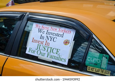 
Yellow Taxis Are Lined Up Near New York City Hall To Demand Mayor Bill De Blasio To Support The Driver’s Plan To Help The Drivers Live Their Lives Debt Free On March 27, 2021 In New York City.