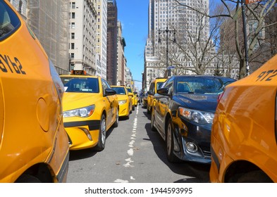 
Yellow Taxis Are Lined Up Near New York City Hall To Demand Mayor Bill De Blasio To Support The Driver’s Plan To Help The Drivers Live Their Lives Debt Free On March 27, 2021 In New York City.