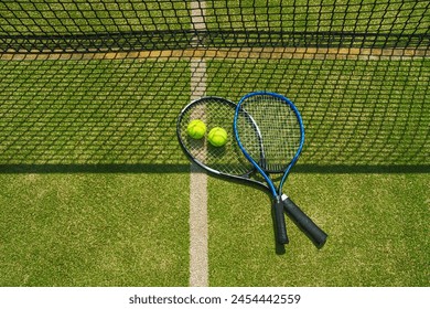  A yellow tennis ball and tennis racket lies on the clay court. - Powered by Shutterstock