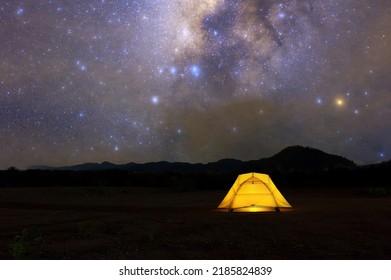 Yellow Tent Under Milky Way Galaxy Lampang Thailand, Universe Galaxy Milky Way Time Lapse, Dark Milky Way, Galaxy View, Star Lines, Timelapse Night Sky Stars On Sky Background. 