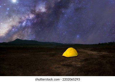 Yellow Tent Under Milky Way Galaxy Lampang Thailand, Universe Galaxy Milky Way Time Lapse, Dark Milky Way, Galaxy View, Star Lines, Timelapse Night Sky Stars On Sky Background. 