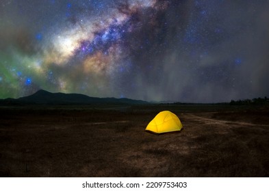 Yellow Tent Under Milky Way Galaxy Lampang Thailand, Universe Galaxy Milky Way Time Lapse, Dark Milky Way, Galaxy View, Star Lines, Timelapse Night Sky Stars On Sky Background. 